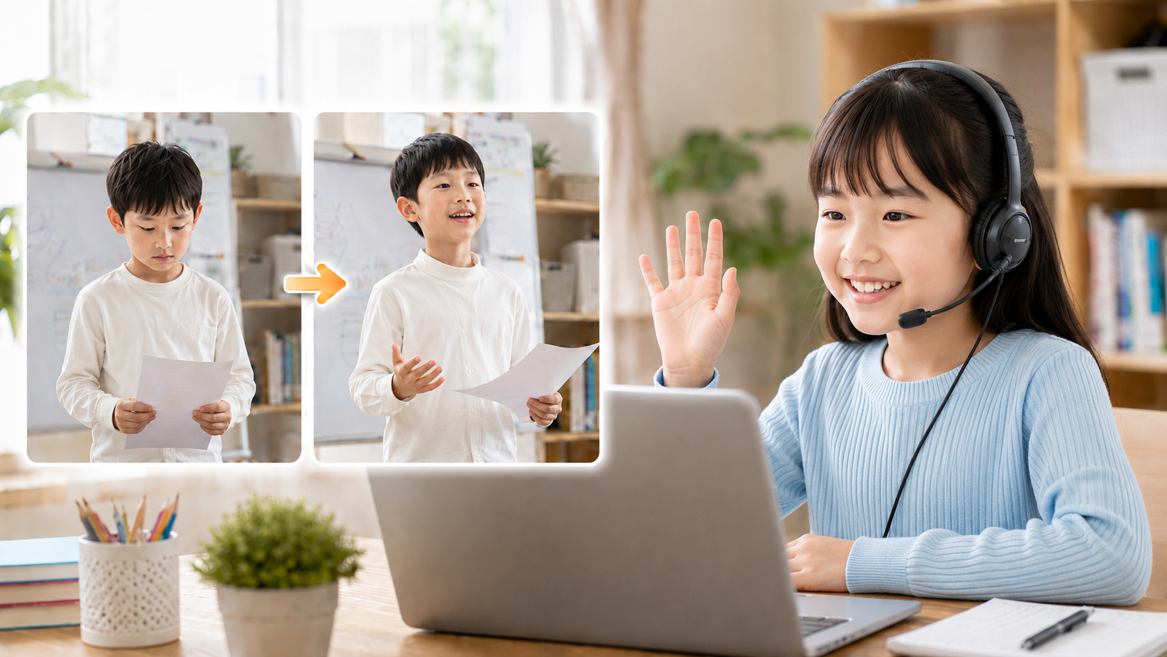 オンライン授業で手を挙げる女の子と、発表が上達していく様子のBefore／After