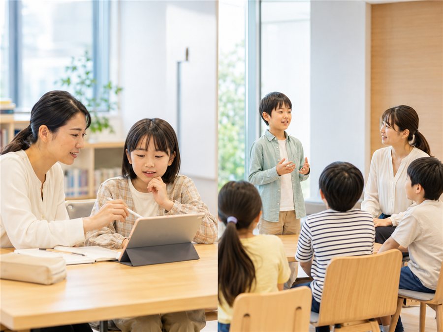 先生と1対1の個別レッスンと、グループで発表する様子