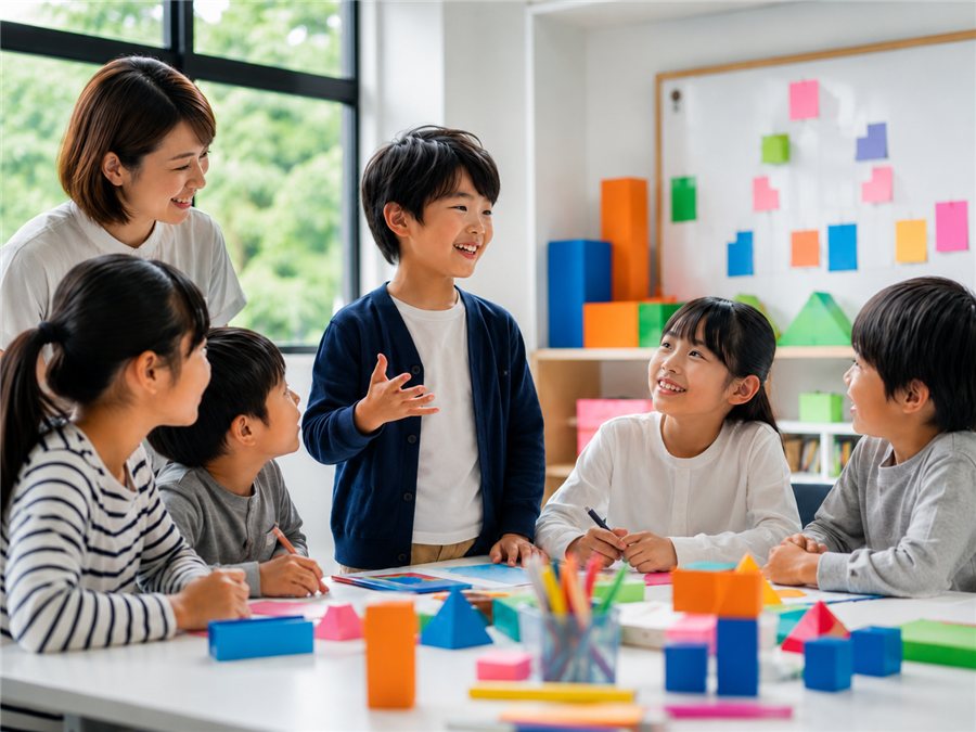カラフルな教材で楽しく学ぶ子どもたち