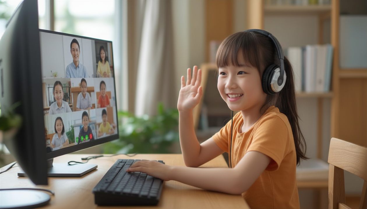 オンラインで笑顔で手を振る子ども